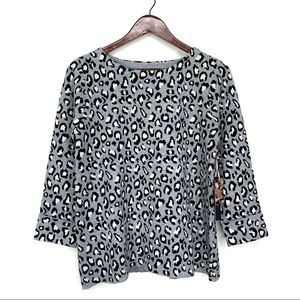 Tahari Gray Black & White Leopard Print Sweater With Cuffed Sleeves New Nwt